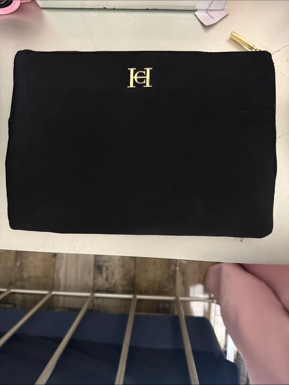 Carolina Herrera Black Cosmetic Pouch with Gold Logo